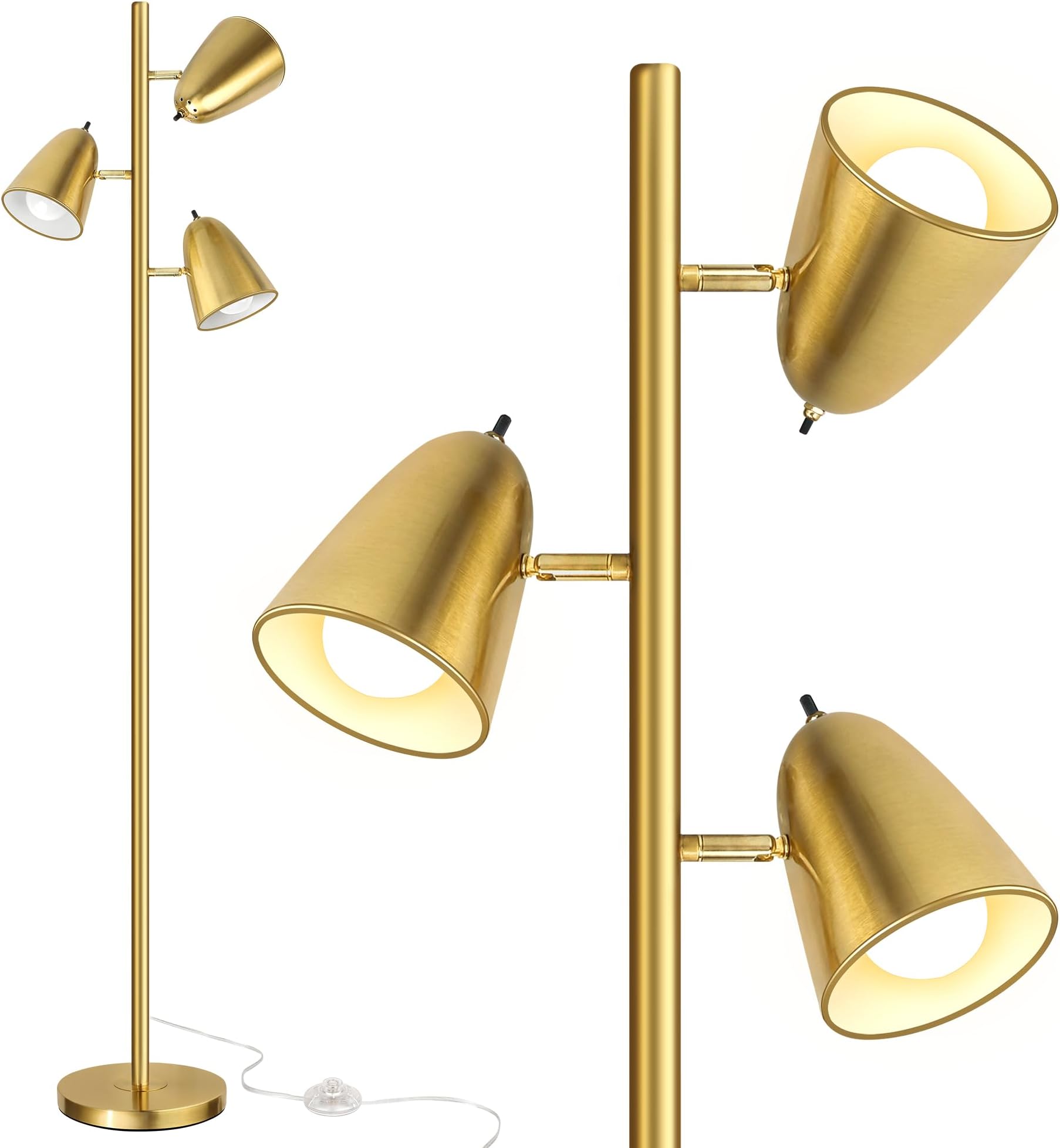 Tree Floor Lamp with 3 Light Bulbs, Standing Tall Pole Lamps for Living Room Bedroom Office, Reading Stand up Lamps with 3 Adjustable Arms, Brushed Gold
