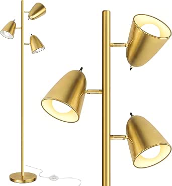 QiMH Tree Floor Lamp with 3 Adjustable Arms, Brushed Gold