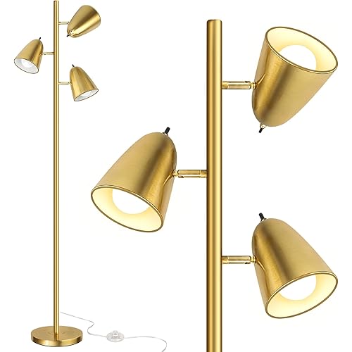 QiMH Tree Floor Lamp with 3 Light Bulbs, Standing Tall Pole Lamps for Living Room Bedroom Office, Reading Stand up Lamps with 3 Adjustable Arms, Brushed Gold