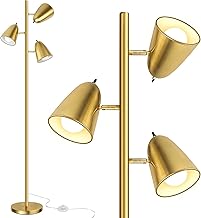 QiMH Tree Floor Lamp with 3 Light Bulbs, Standing Tall Pole Lamps for Living Room Bedroom Office, Reading Stand up Lamps with 3 Adjustable Arms, Brushed Gold