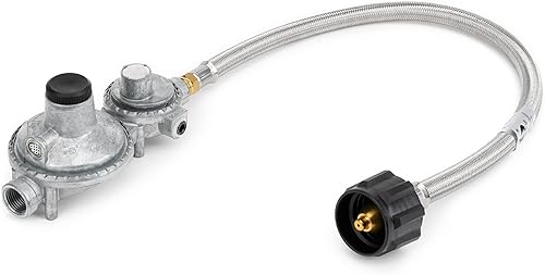 Stanbroil Regulador vertical de propano de dos etapas, manguera trenzada de acero inoxidable con coleta de propano RV de 20 pulgadas, conexión tipo