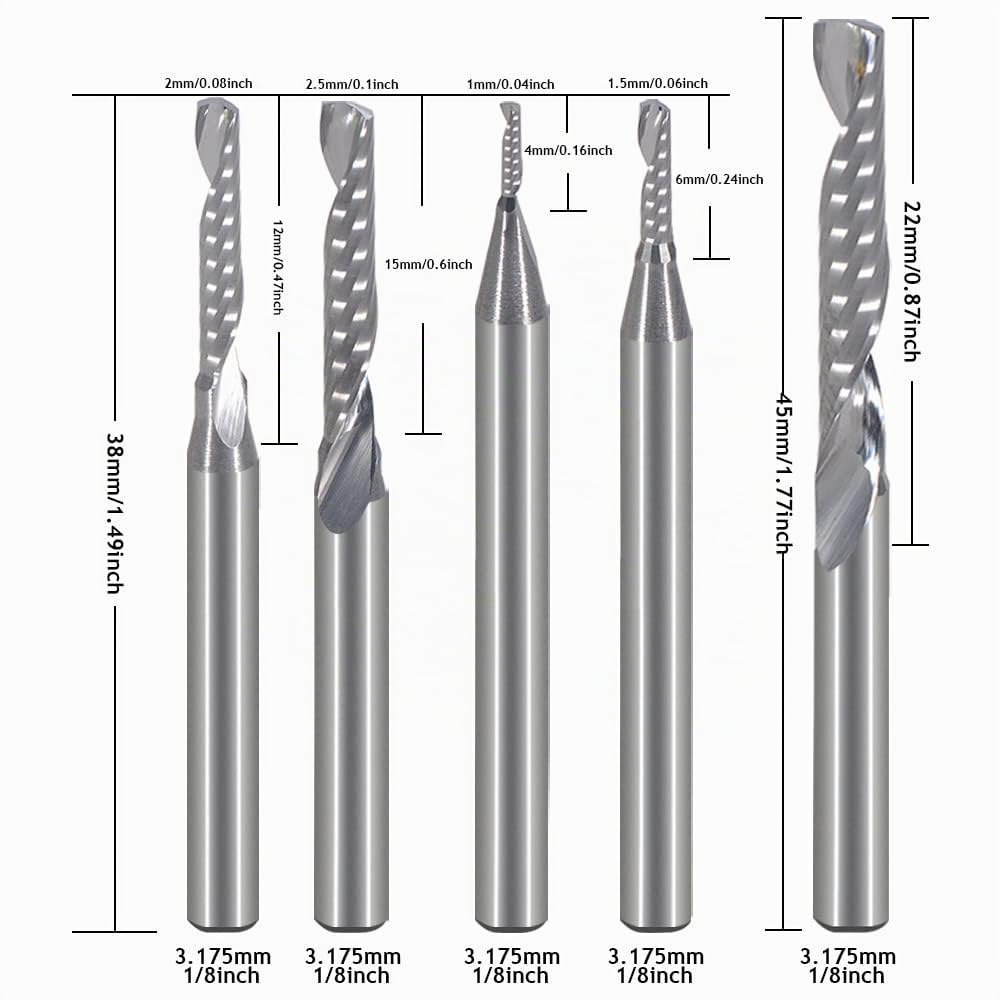 EU_HOZLY 1 mm 1.5 mm 2.0 mm 2.5 mm 3.175 mm Carburo 1 flauta Fresa espiral Fresa de grabado CNC Brocas de enrutador