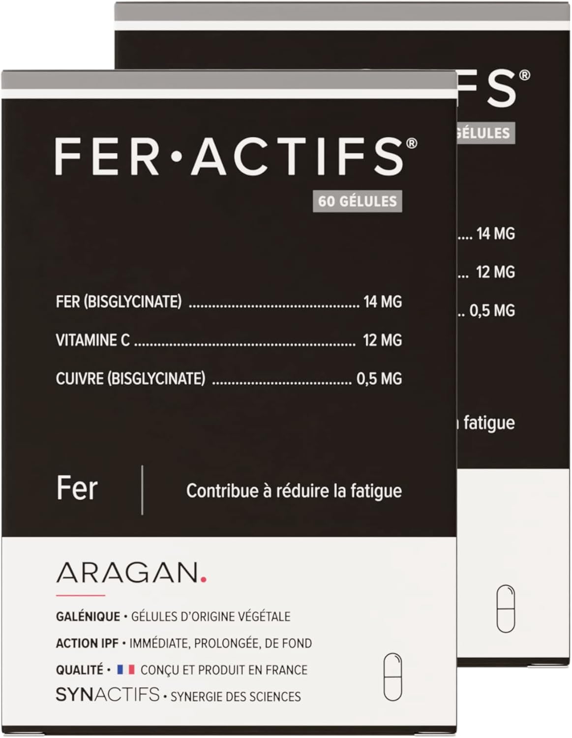 ARAGAN – Synactives Feractive Pack of 2 – Anti-Fatigue Food Supplement – Tone and Vitality – Iron Bisglycinate, Copper and Vitamin C – 120 capsules – 4 months taken – Made in France