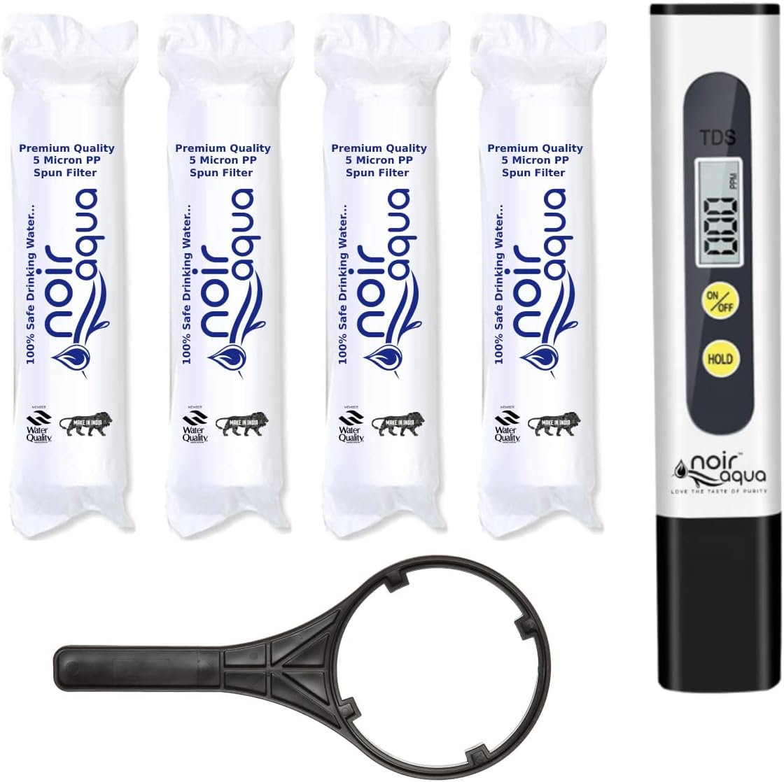 Noir Aqua 4pcs PP Spun Filter + TDS Meter + Spanner, | for All Types of RO Water purifiers (10 Inch, 5 Micron) - RO Spun Filter Cartridge Sponge Replacement Water Filter Candle