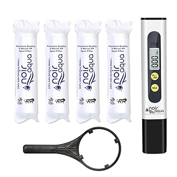 Noir Aqua 4pcs PP Spun Filter + TDS Meter + Spanner, | for All Types of RO Water purifiers (10 Inch, 5 Micron) - RO Spun Filter Cartridge Sponge Replacement Water Filter Candle