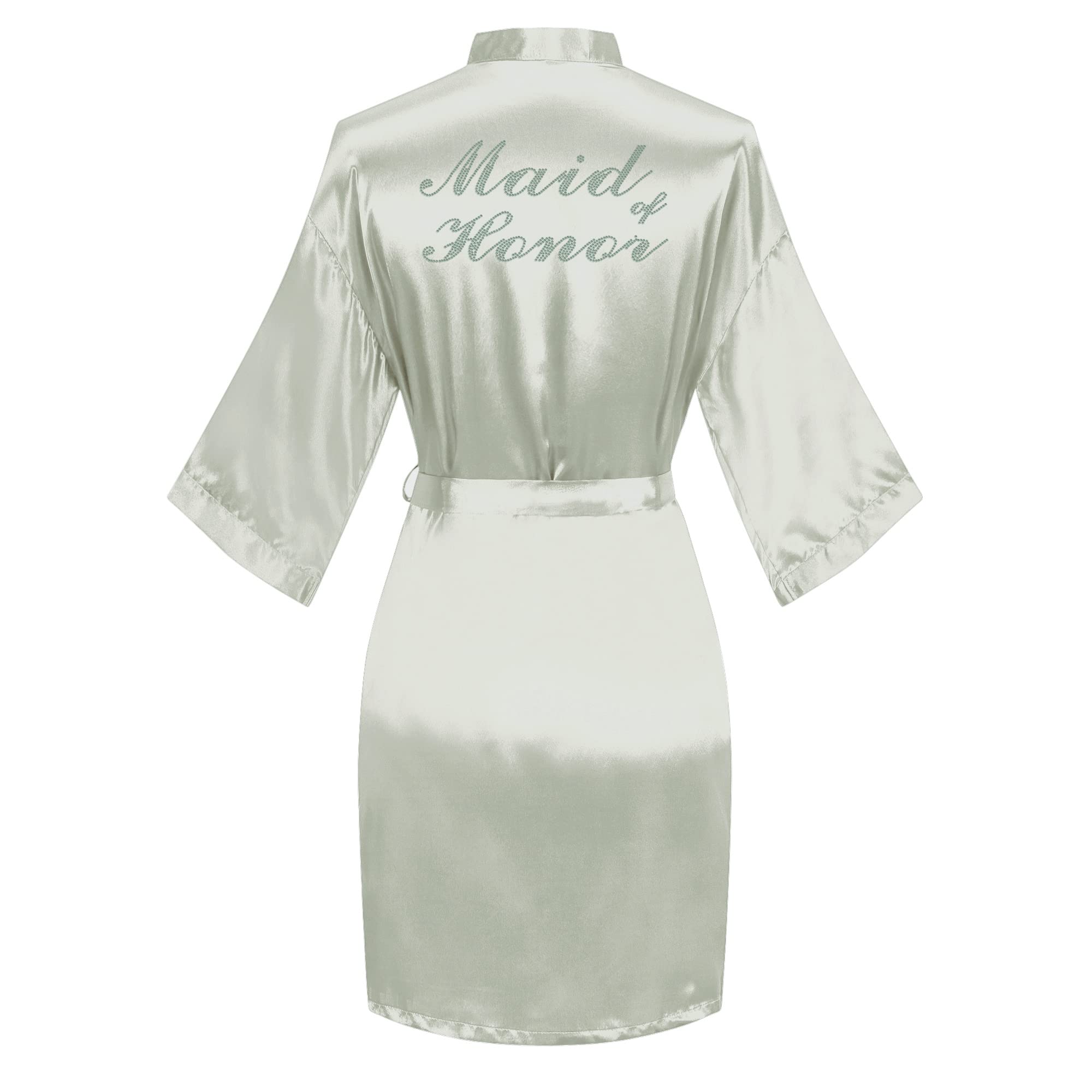 Women's Satin Robe Short Kimono for Bride &amp; Bridesmaid with Silver Rhinestones, Wedding Party Robes