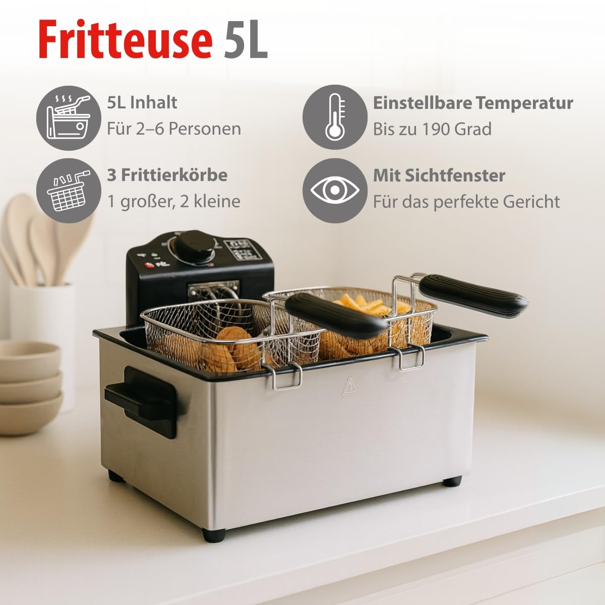alpina Doppel Friteuse 5L WJ-801 - Fritteuse mit Öl 200W - Fritöse mit 3 Körbe - Einstellbarer Thermostat bis 190 °C - Geschützt gegen Überhitzung - Perfekt für Pommes oder Snacks - Edelstahl - Silber