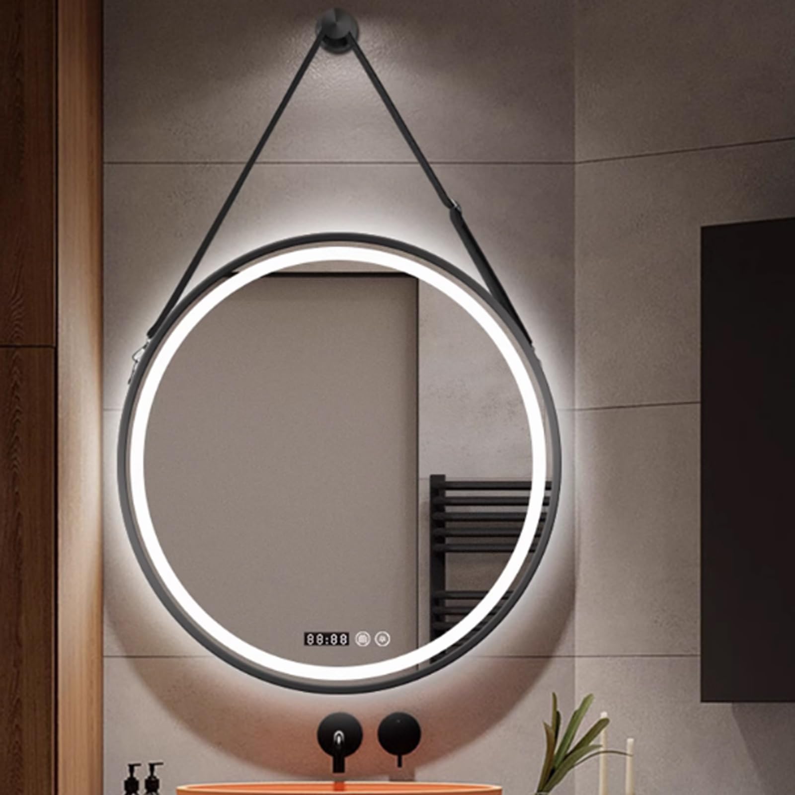 Miroir rond suspendu LED pour une salle de bain moderne et épurée