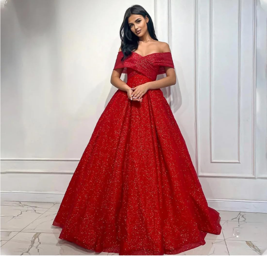 Off Shoulder Prom Dresses for Women Ball Gown Long Pleated Sparkly Formal Evening Dress with Pockets