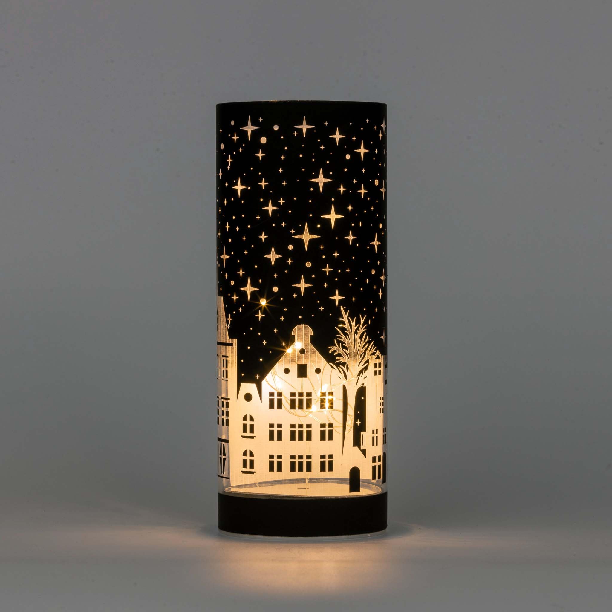 SHATCHI 17cm Christmas Decorated Vase Table Lamp Etched Glass Tube Xmas Deep Blue Cylinder LED Fairy Lights Battery Operated Table Decoration, Village