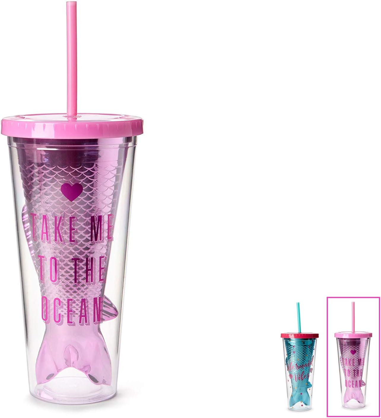 Mermaid Insulated Plastic Tumbler Cup: Tri-Coastal Design Reusable Shatterproof Drinking Glass Tumblers with Lid & Straw - Double Wall BPA Free Dishwasher Safe Glassware Cups - Take Me to the Ocean