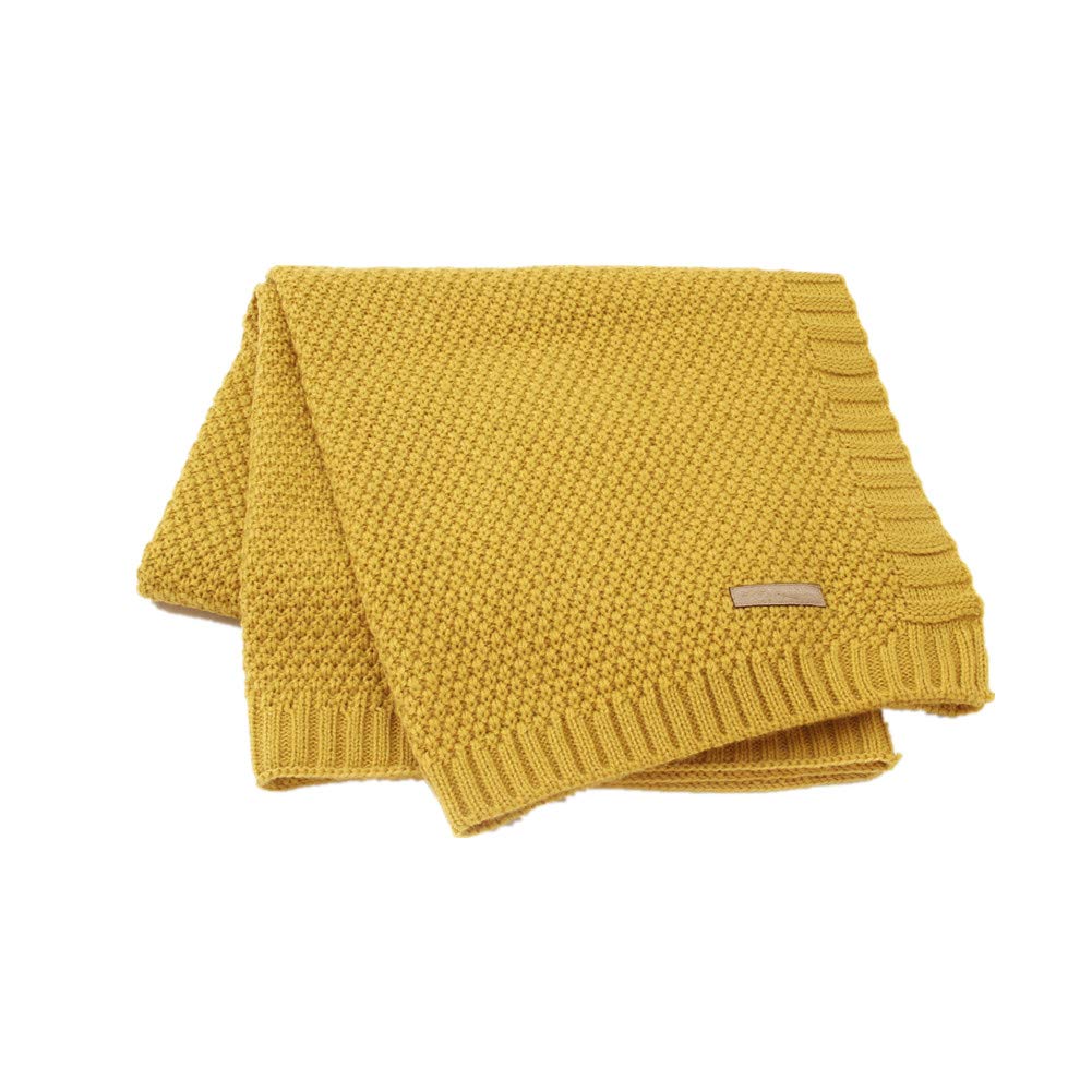 Odot Baby Soft Knit Pure Blanket for Boys and Girls, Toddler Warm Swaddle Sleeping Square Throw Blankets Knitted Unisex Patterns Pram Cot Bed Textured Sleep Blanket (80x100cm,Dark yellow)