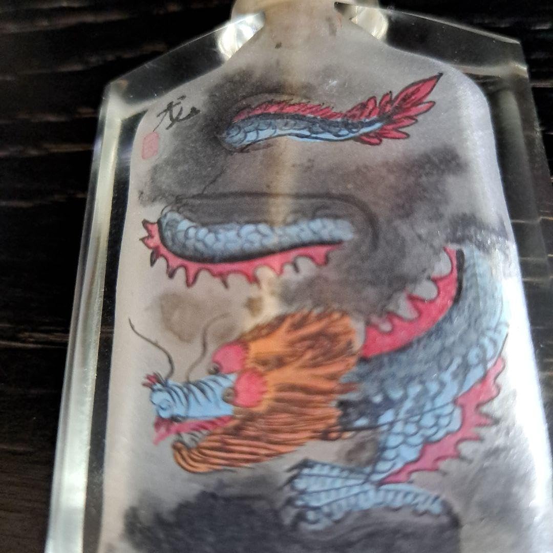 中国　清時代　硝子鼻煙壺　古玩　内絵龍文　角形精密　両面龍内絵図　蓋◯◯牙さじ 中国 清時代 硝子鼻煙壺 古玩 内絵龍文 角形精密 両面龍内絵図
