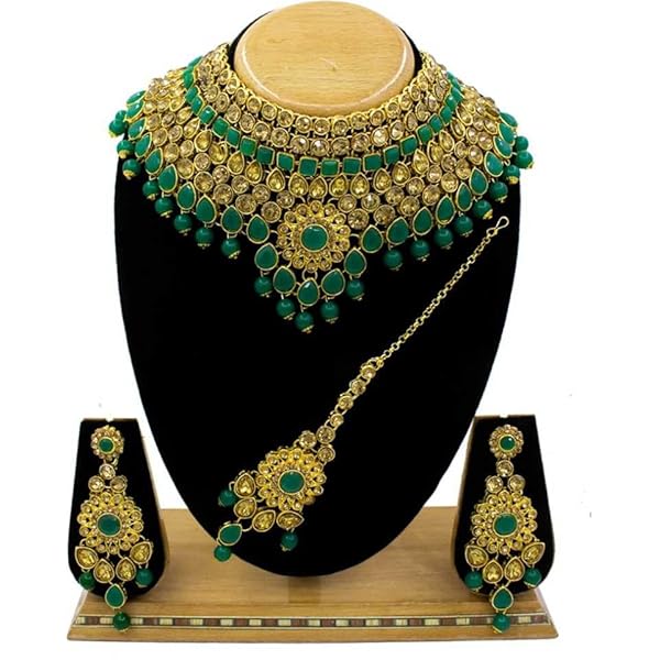 SAIYONI Modish Green Polki Bridal Dulhan Gold Plated Pearl Choker Necklace Set For Women - Image 4