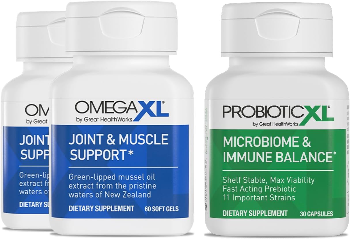 OmegaXL Powerful Joint and Muscle Support Supplement 60 Count (2 Pack) & Probiotic XL - PreforPro, DE111, Shelf Stable - Promote Healthy Gut Flora Growth (30 Veggie caps)