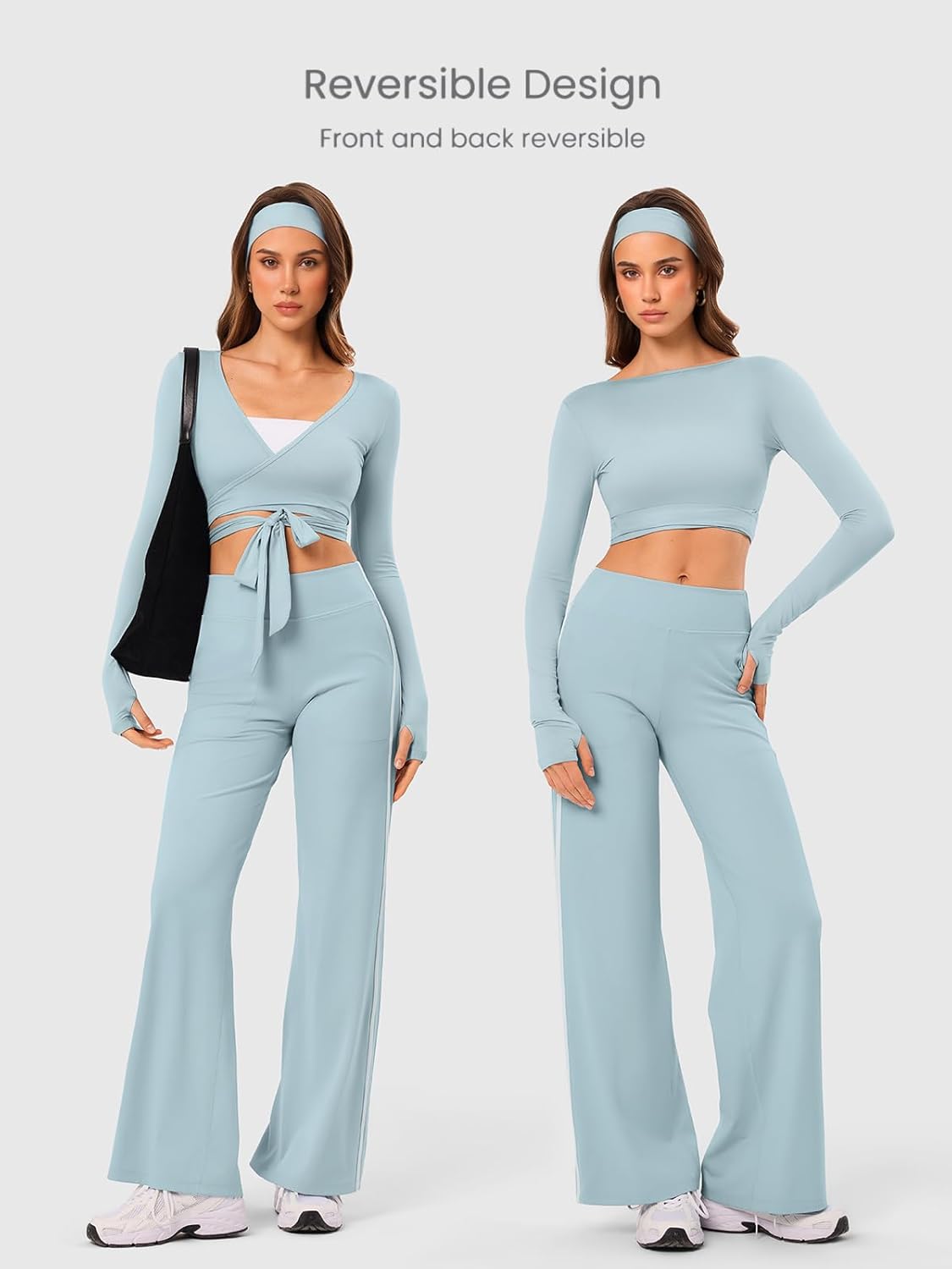 Pilates Wrap Top for Women, Cropped Workout Tie Tops with Long Sleeve & V Neck, Slim Fit Yoga Layering Shirts - Image 4