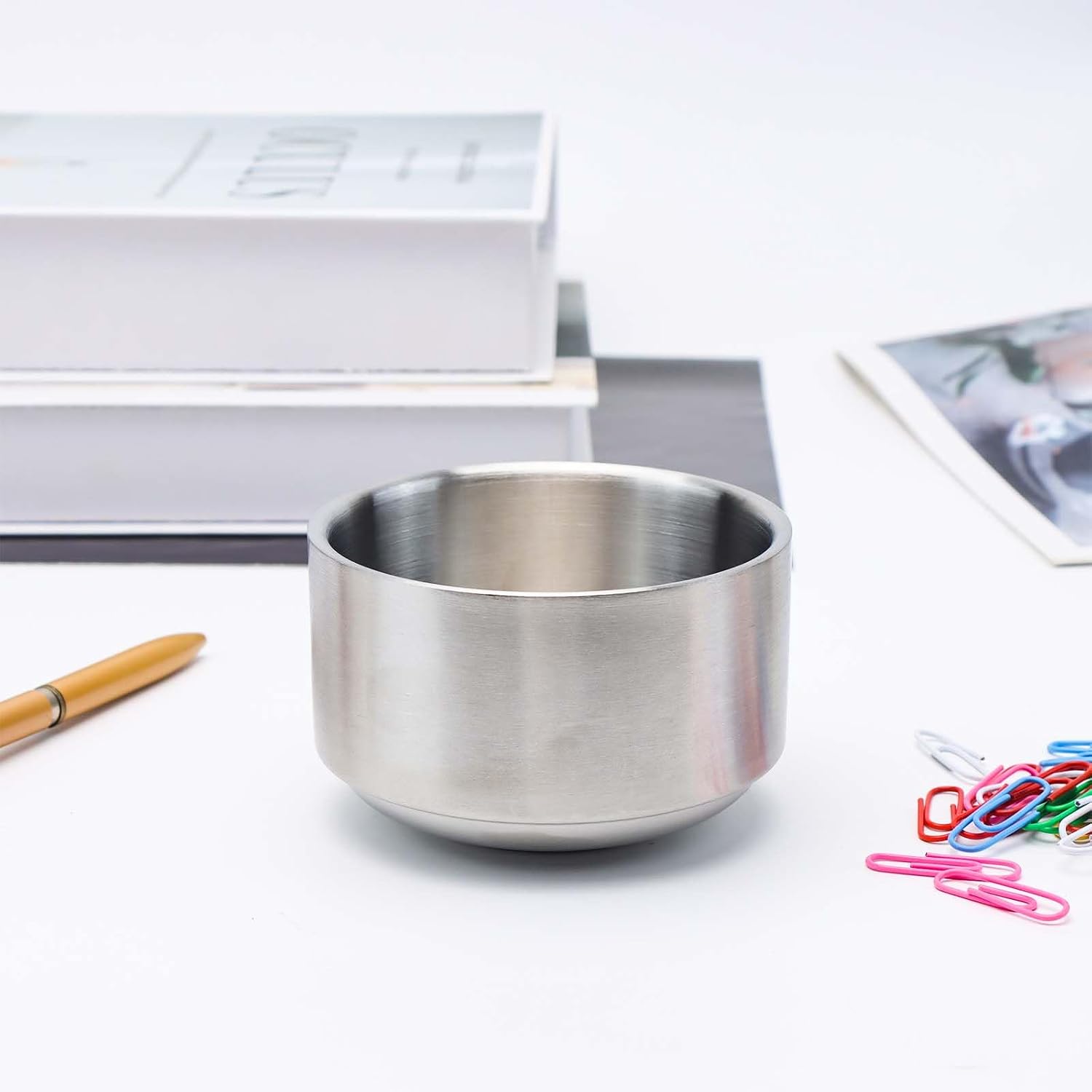 Silver Paper Clip Holder Paperclip Holders Paper Clips Dispenser Stainless Steel Paperclips Organizer Binder Clip Holder Round Bowl for Desk Office School Home (Silver, Tall Paper Clip Holder)