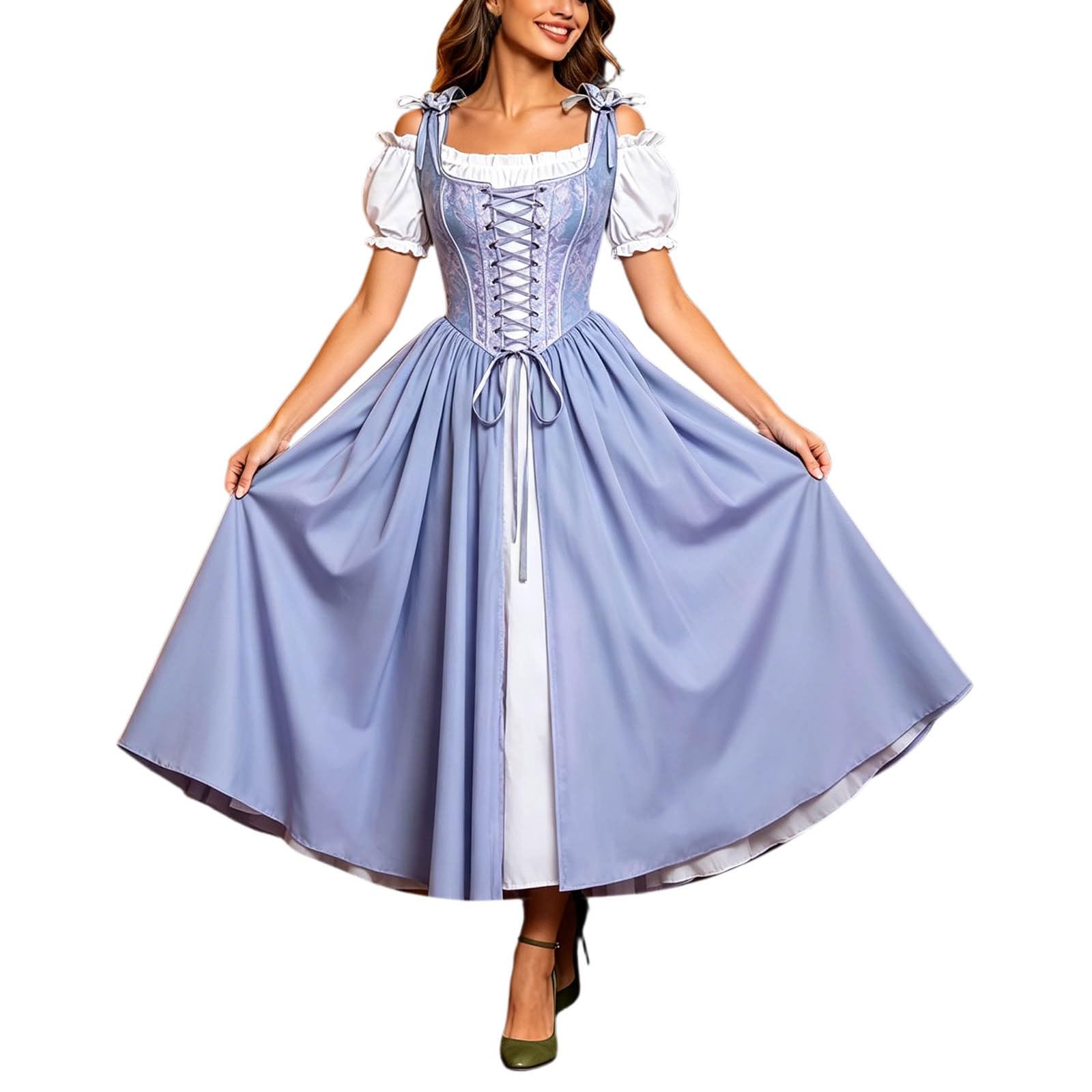 Generisch Women's Medieval Corsage Dress Renaissance Short Sleeve Rockabilly Dress | 2 Pics Set Bags Adjustable Lacing for Ren Fair Fairy Cosplay Witch Outfit Pirate Theme Parties Hobbit Events