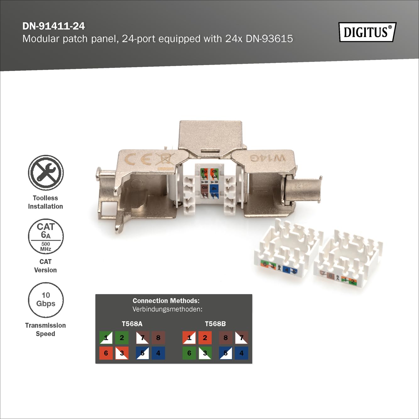 DIGITUS PatchPanel Set – 24 porte – con 24 moduli Keystone DN-93615 – 500 MHz – CAT 6A – Montaggio su rack in armadio di rete da 19 pollici – 1 U – Nero