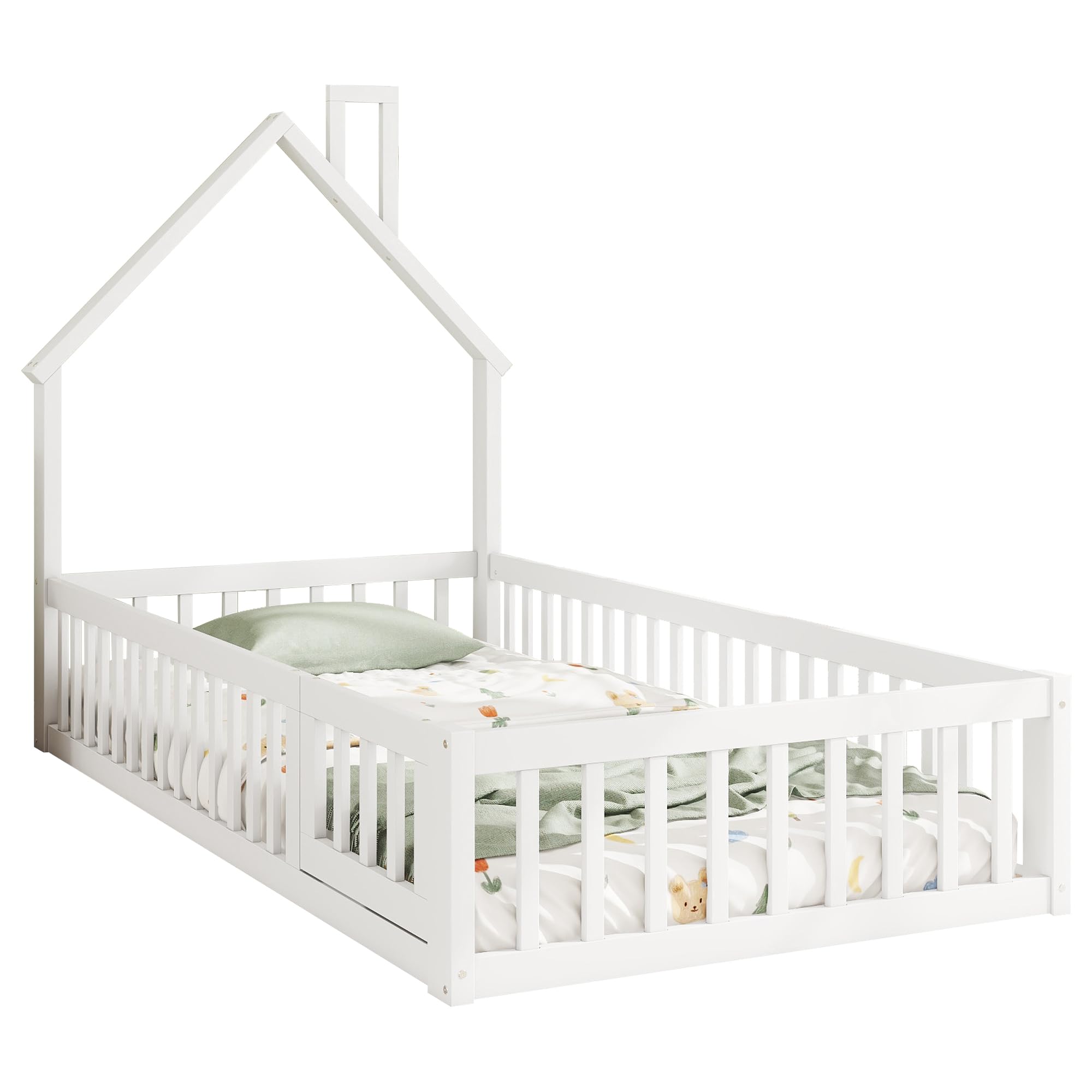 Merax Kinderbett Bodenbett 90x200 cm Hausbett mit Rausfallschutz & Lattenrost, Schornsteinform, öffnbarem Zaun - Montessori Bett, Jugendbett, Holz Bettgestell(ohne Matratze), Weiß