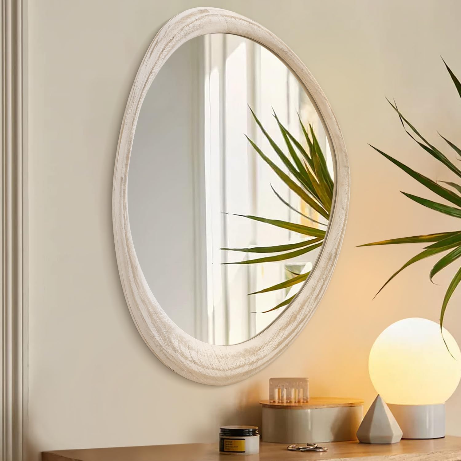 Aazzkang Asymmetrical&Retro White Irregular Wooden Wall Mirror 65L X 45W Cm Asymmetrical Mirrors Large Minimalist Decorative For Bedroom Living Room Entryway