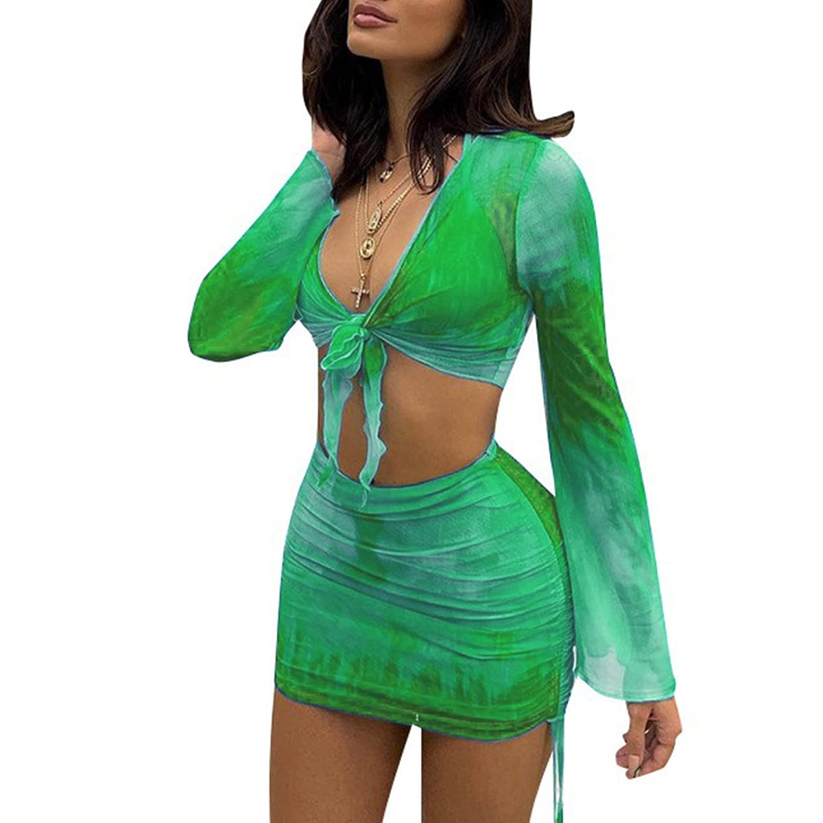 Women's Sexy Long Sleeve 2 Pieces Sheer Mesh Cover Up Dress Crop Top Bodycon Ruched Y2K Mini Skirt Sets