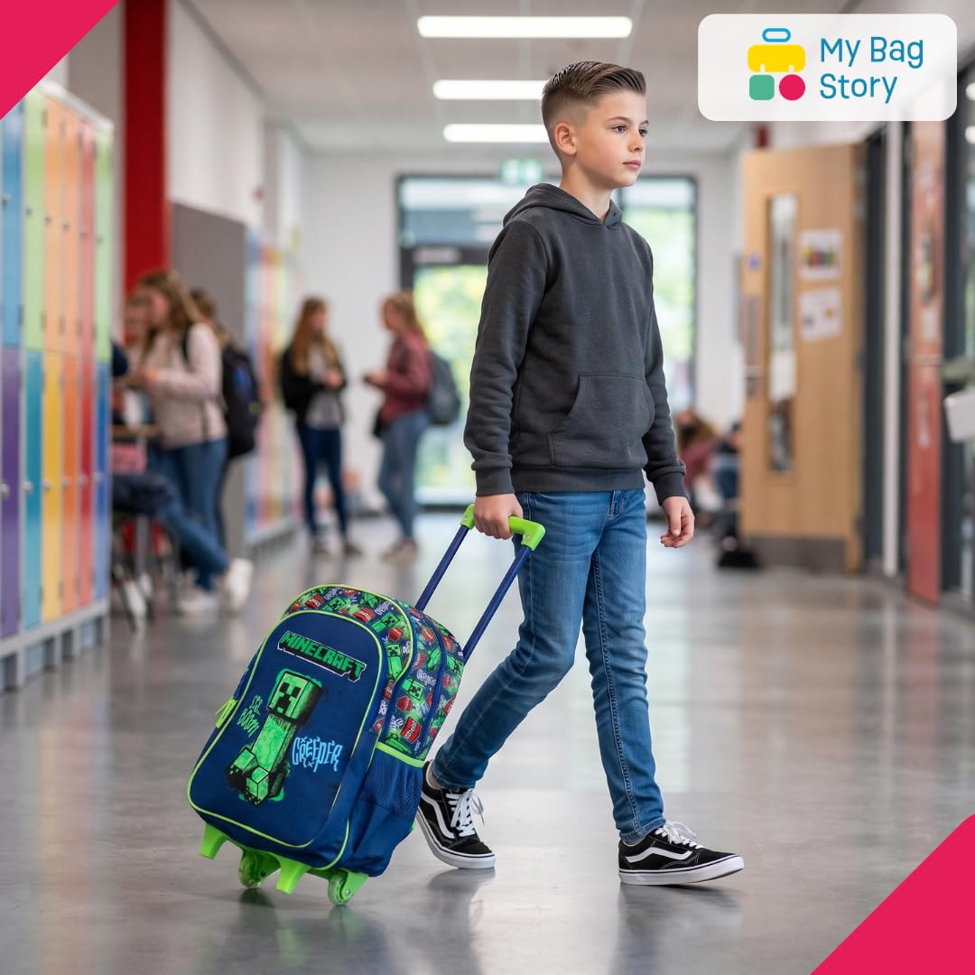 mybagstory | Zaino con ruote Minecraft | 2 scomparti | Verde | Borsa scuola Creeper Boom 48 cm con tasche laterali in rete e robusto sistema trolley ideale per la scuola elementare.
