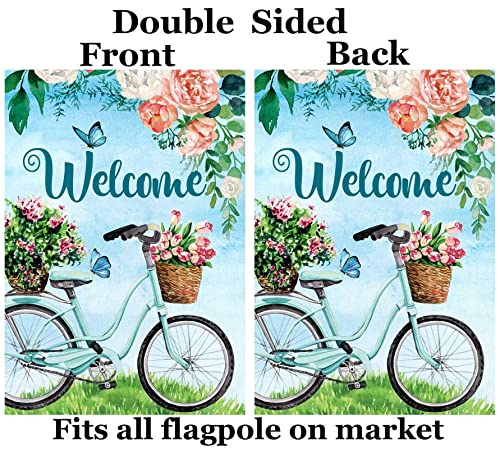 Shinesnow Welcome Spring Summer Bike Flowers Daisy Butterfly Seasonal Landscape House Flag 28" X 40" Double Sided Polyester Welcome Large Yard Garden Flag Banners For Patio Lawn Home Outdoor Decor #TOP1