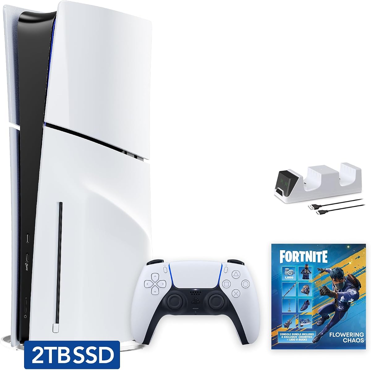 PlayStation 5 Slim actualizado 2TB Disc Edition Fortnite Flowering Chaos Bundle y Mytrix Controller Charger - Consola de juegos PS5 2TB PCIe SSD blanca y delgada