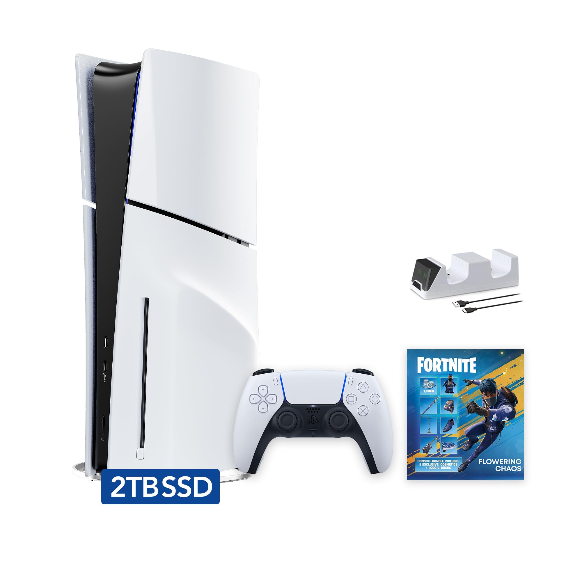 PlayStation 5 Slim Upgraded 2TB Disc Edition Fortnite Flowering Chaos Bundle and Mytrix Controller Charger - White, Slim PS5 2TB PCIe SSD Gaming Console