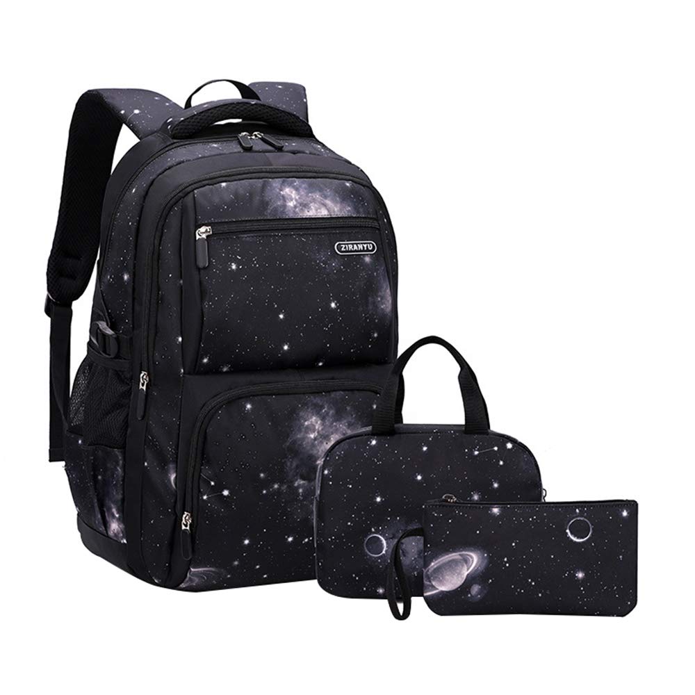 JiaYou Space Pattern Galaxy Backpack Boys Primary Junior Middle School Daypack Men High Middle School Laptop Bag(Star-Black,3Pcs Backpack Set)