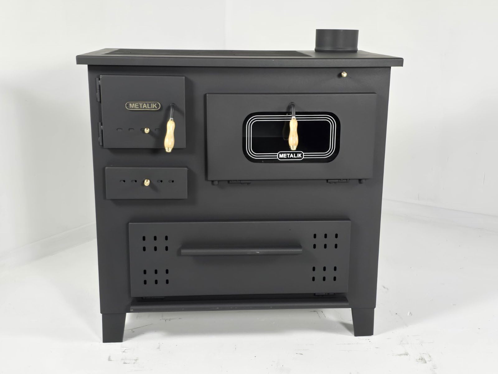Prity Poêle à bois 13 kW avec plaque en fonte et brûleur à bûches