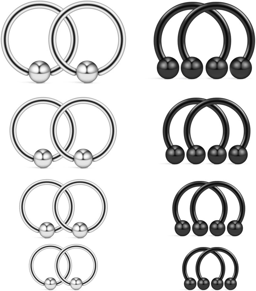 Ruifan 8PRS(16PCS) 14G Surgical Steel Horseshoe & Captive Bead Nose Hoop Septum Earring Eyebrow Tongue Lip Nipple Helix Tragus Piercing Rings 6-12mm
