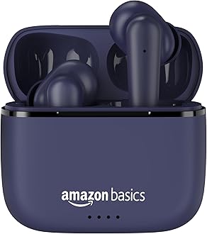 amazon basics True Wireless in-Ear Earbuds with Mic, Touch Control, IPX5 Water-Resistance,Bluetooth 5.0, Up to 80 Hours Play Time, Voice Assistance&Fast Charging (Blue)