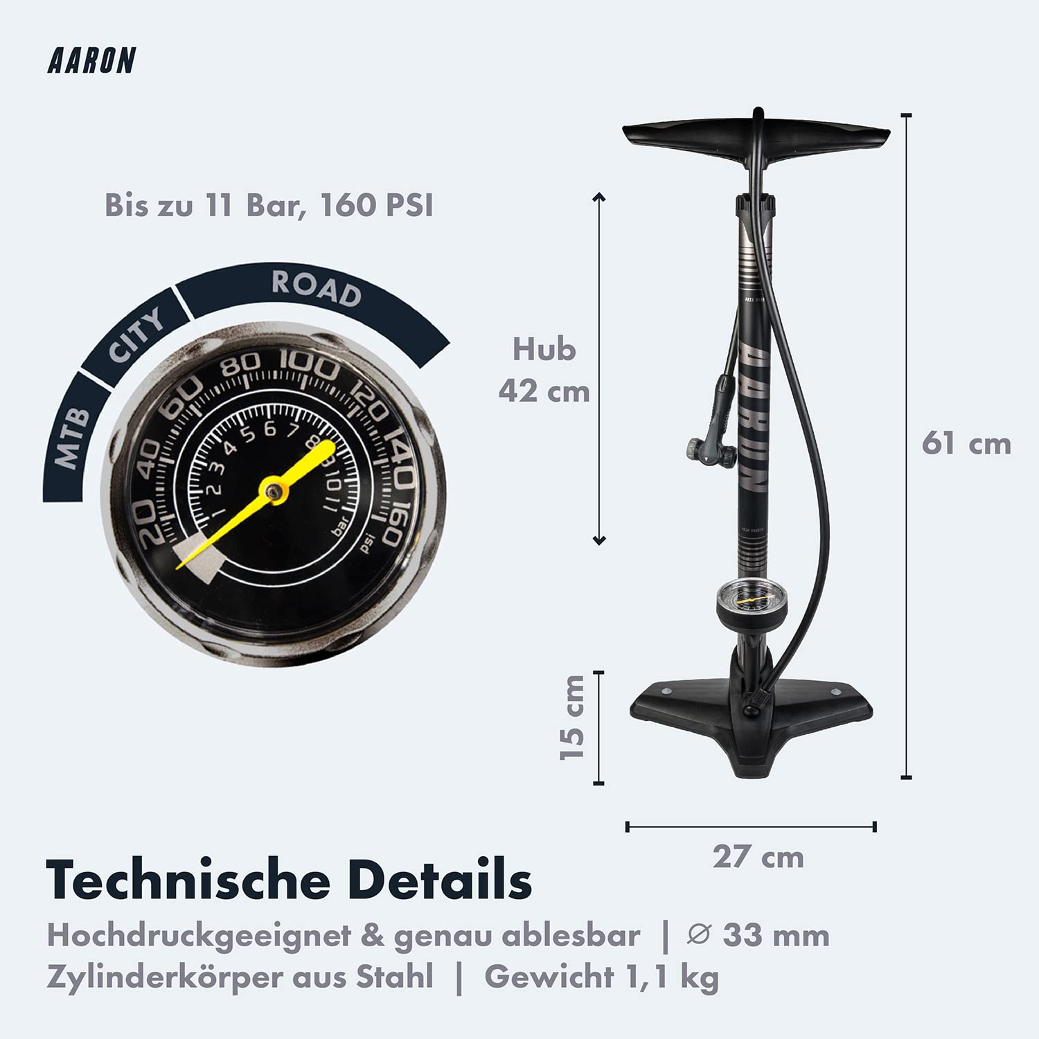 AARON Sport One Fahrrad Standpumpe mit Manometer für alle Ventile | Hochdruck Fahrradpumpe inkl. Ball Aufsatz | Luftpumpe für E-Bike, Mountainbike, Rennrad