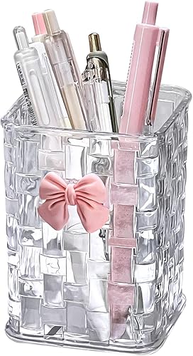 Soporte acrílico para bolígrafo, organizador de lápices transparente, soportes para vasos de brochas de maquillaje con lazo para el regreso a la