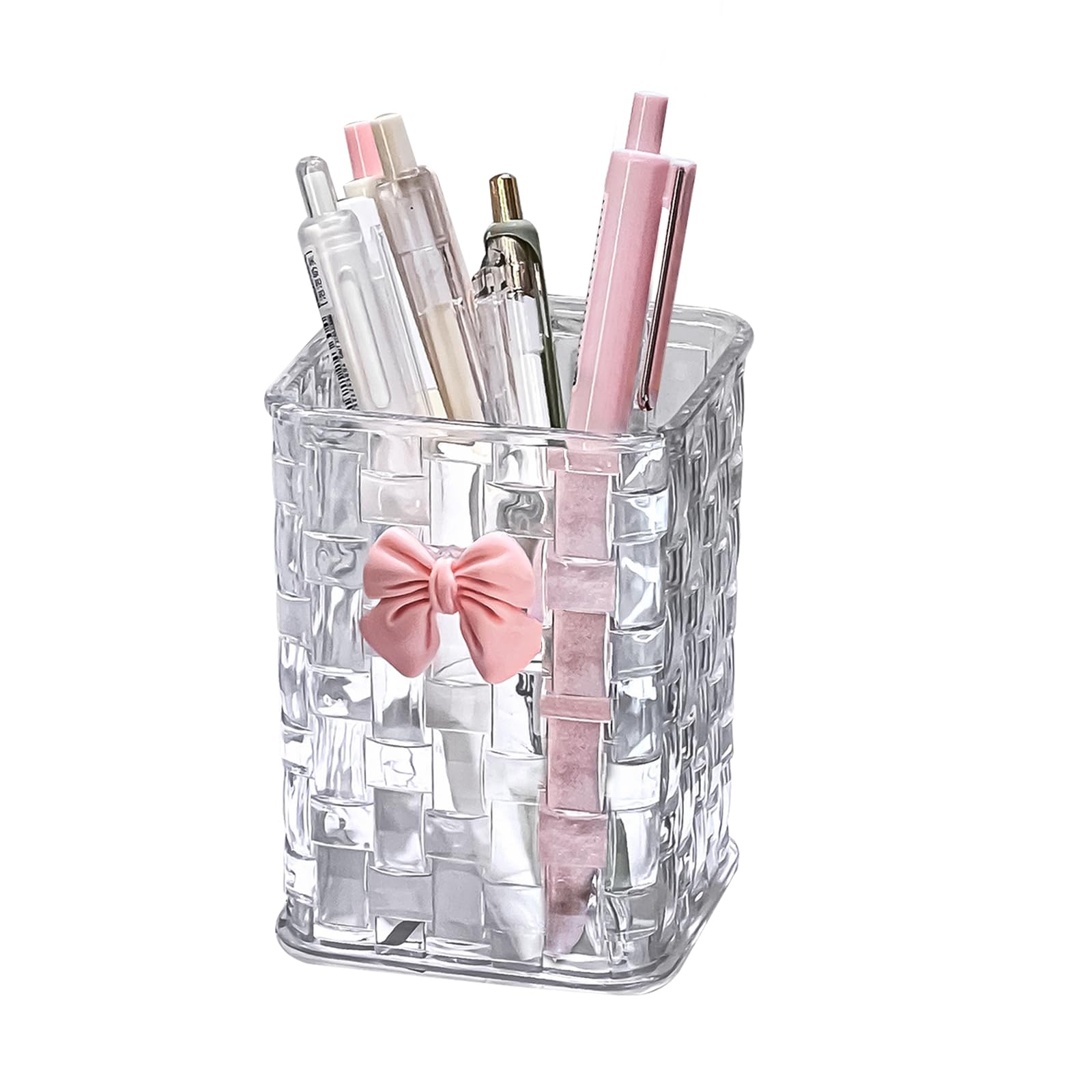 CCREDONE Acrylic Pen Holder for Desk, Clear Pencil Organizer Makeup Brush Cup Holders with Bow Back To School Accessories for Teachers Appreaction