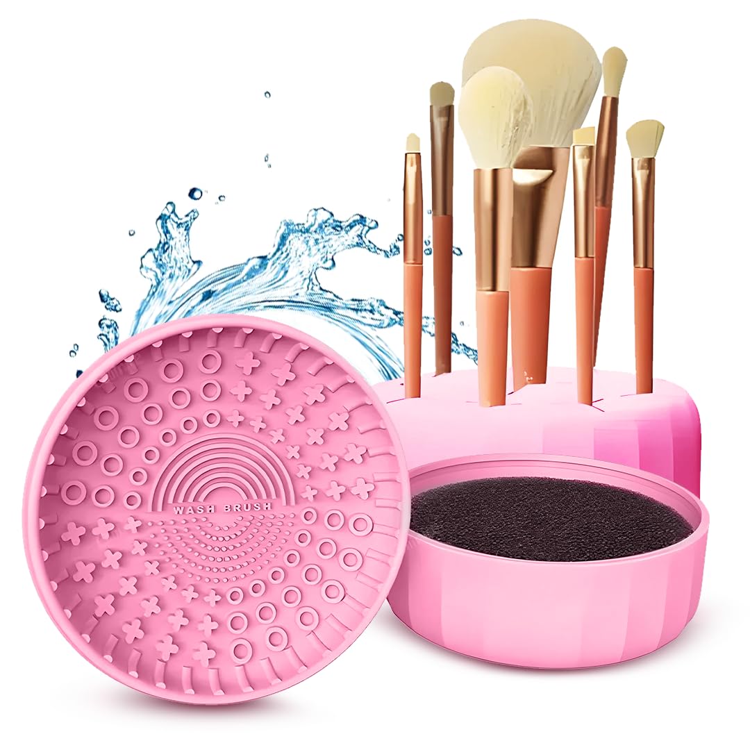 Gleva Silicon Makeup Brush Cleaning Mat, Easy Foldable Beauty Egg Bowl Cleaning Mat & Scrubber, Portable Washing Tool for Makeup Brush Gift For Girl and Women (Pink 3 in 1 Bowl)