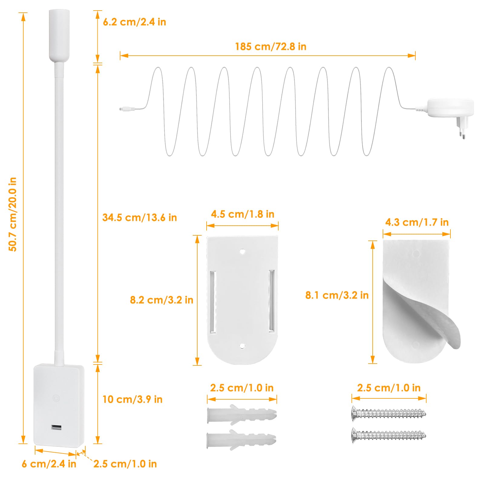 ENUOTEK Foco de Lectura Ajustable Montado en la Pared, LED Blanco Neutro 4000K, Lámpara de Pared para Cama de 4W, Lámpara de Lectura con Cuello de Cisne, con Puerto de Carga USB de 2A
