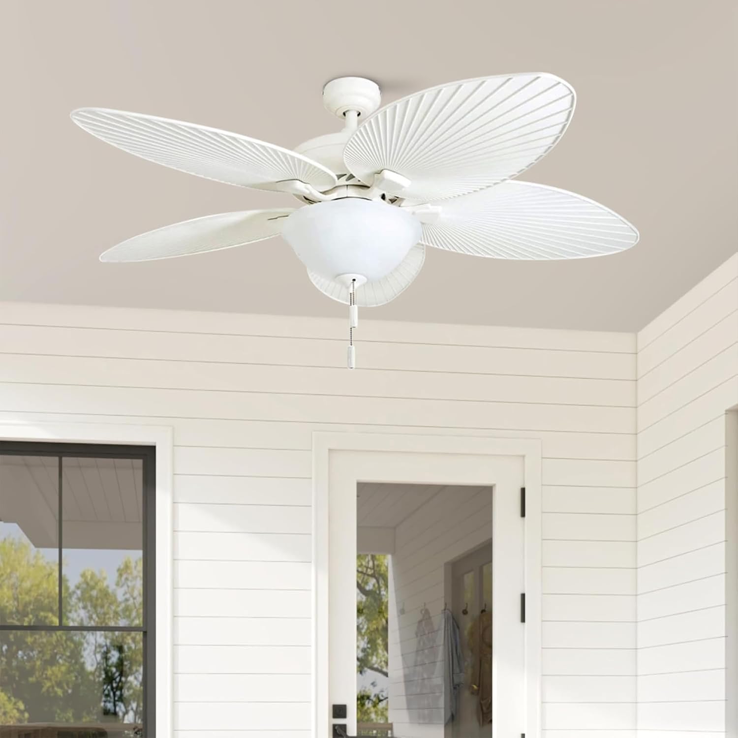 Honeywell Palm Island 52 Inch Tropical Indoor Outdoor Ceiling Fan, LED Light, 5 Palm Leaf Blades, Pull Chain Control, Quiet Motor, White