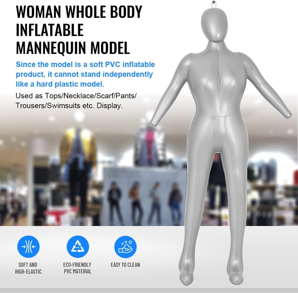Three T Inflatable Mannequin Female Full Body with Arms & Head – 165cm Life-Size PVC Dress Form for Retail Display, Trade Show– Portable & Foldable for Tops,Swimsuits, Scarves – Repair Patch Included