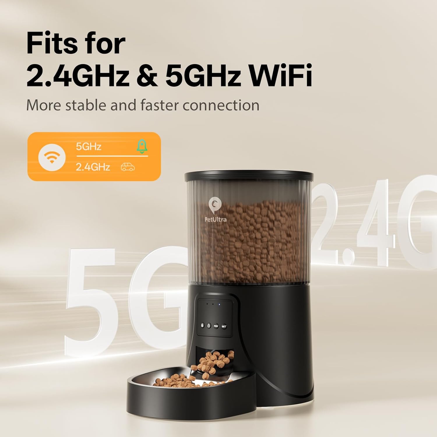 PETULTRA Automatic Cat Feeder with 2.4GHz and 5GHz WiFi indicators