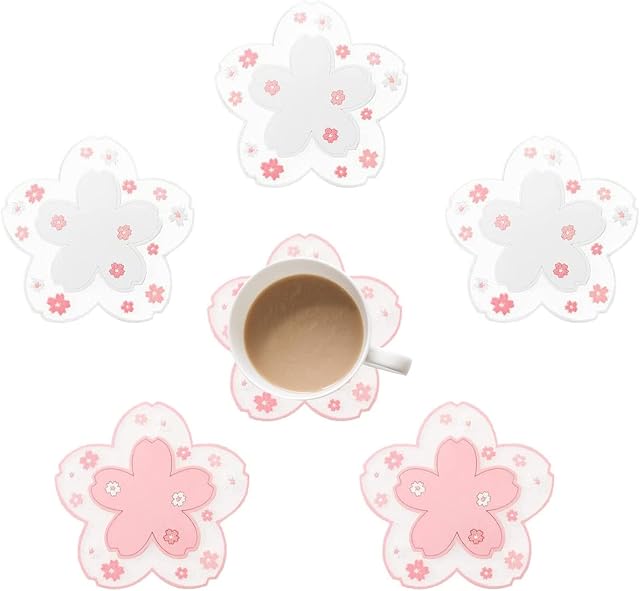 6 Pcs Coaster Pads,11.5cm/4.52inch Sakura Silicone Coasters,Silicone Rubber Non Slip,Heat Resistant Placemat for Dining.White and pink.