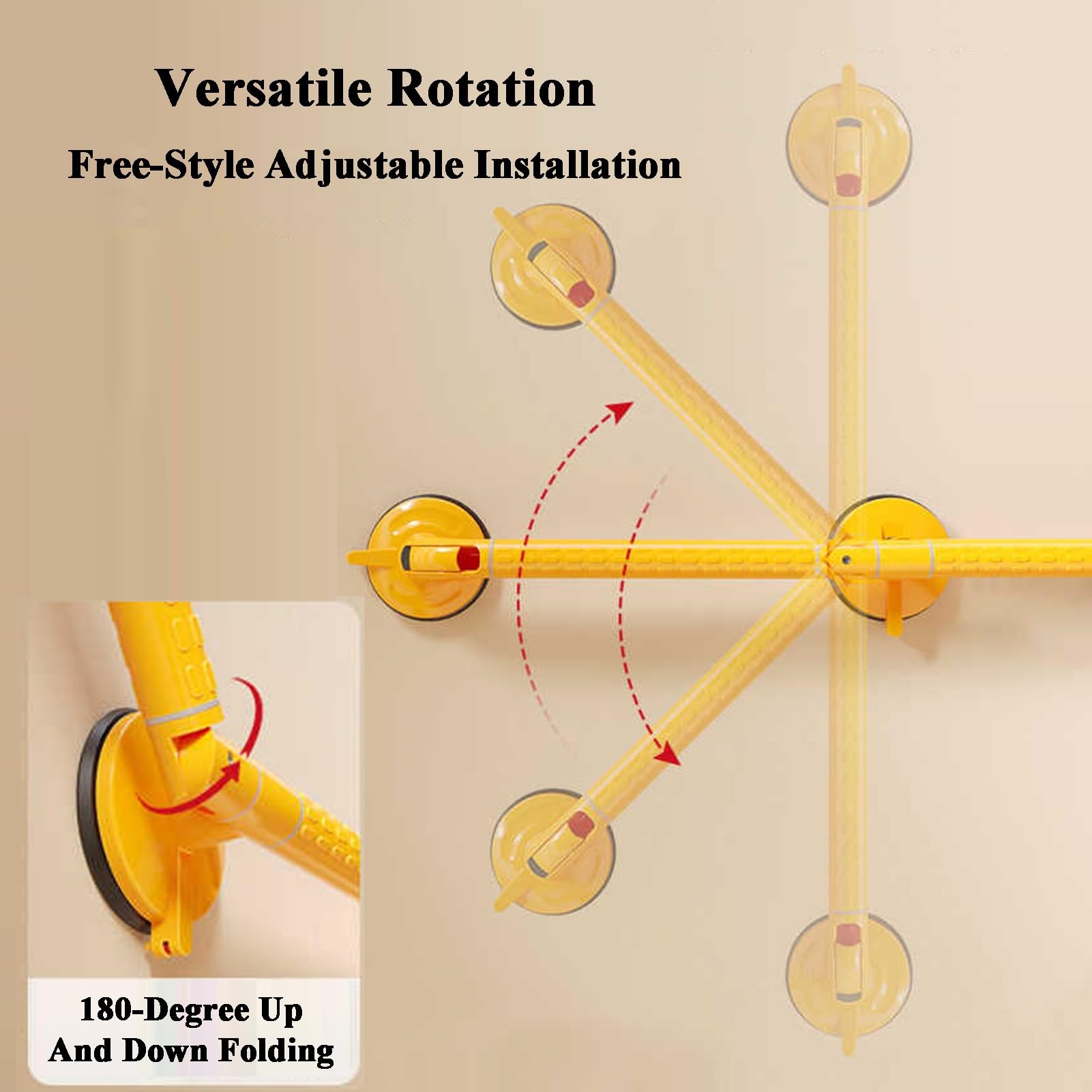 Barra De Agarre Con Ventosa For Bañera Y Ducha, Pasamanos Con Mango De Seguridad, Ajuste Giratorio De 180°, Fácil Instalación(Yellow,50x40cm)