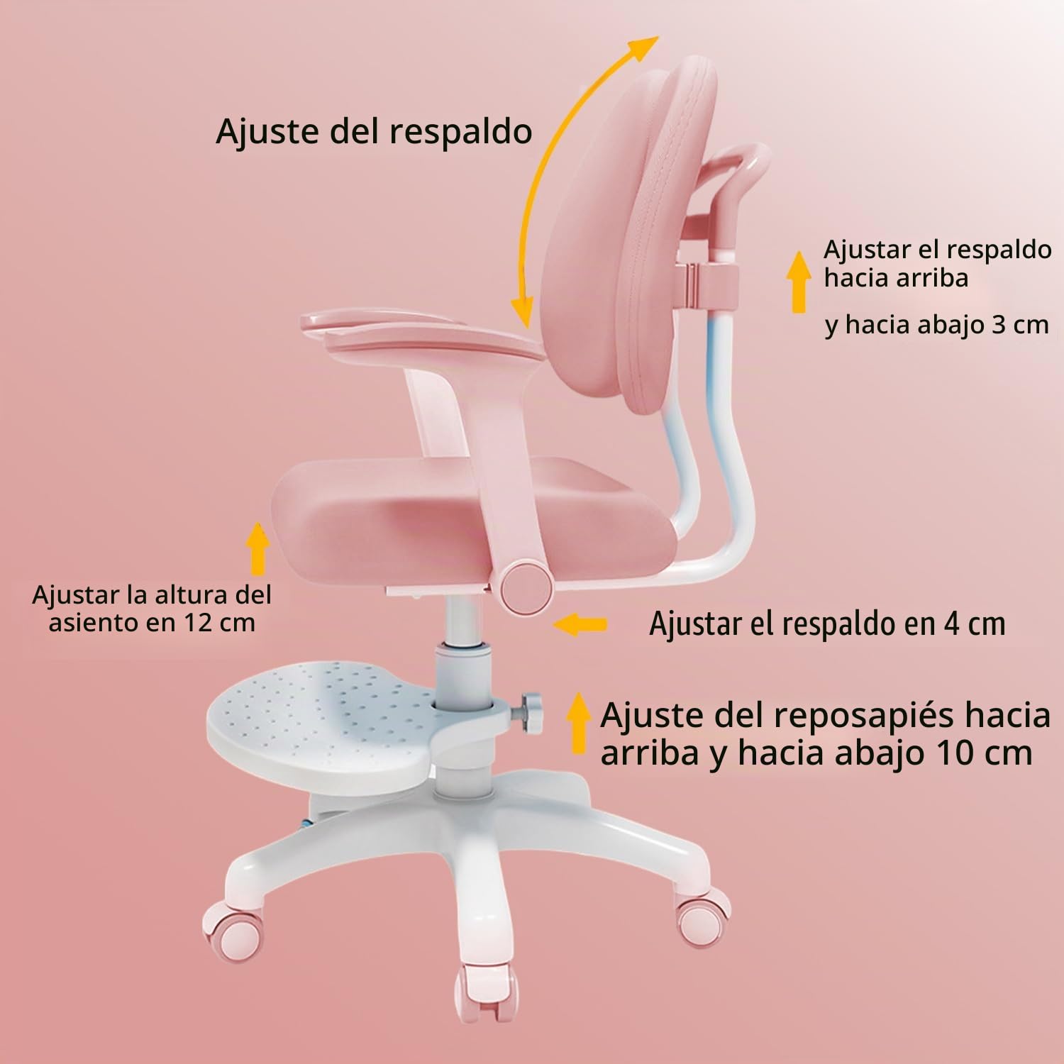 Silla de escritorio infantil, altura regulable con reposabrazos giratorios de 90° y reposapiés, silla giratoria ergonómica para niñas y niños, cómoda silla de aprendizaje para habitación