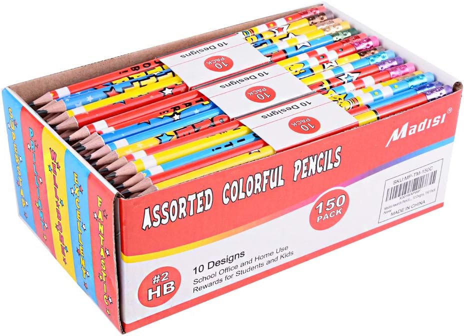 Madisi Assorted Colorful Pencils, Incentive Pencils，#2 HB, 10 Designs, 150 Pack， pencils bulk for kids
