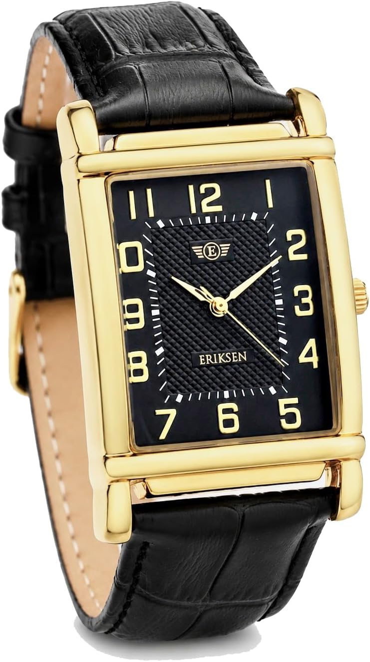 Mens XL Retro Rectangular Dress Watch, Gold-Tone Case, Black Leather Strap, Japanese Quartz Analog Movement