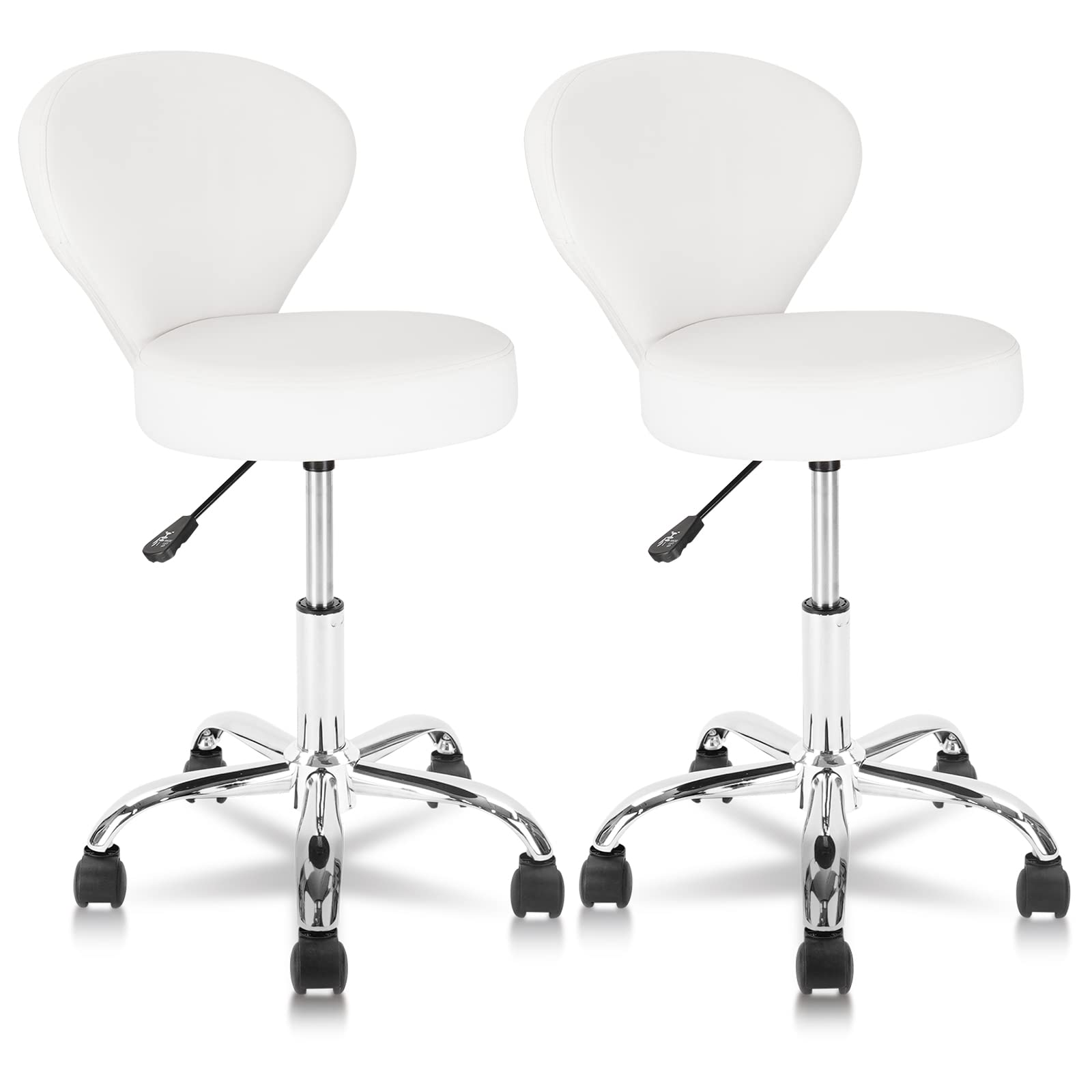 Set of 2 PVC Faux Leather Rolling Swivel Salon Stool Chair with Back Support Adjustable Hydraulic Seat Height 22 in Diameter 15 Inch for Facial Spa Medical Tattoo Beauty Barber White 2 Pack