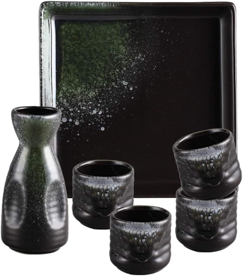 6 Piece Sake Set Green Ice Crack Smooth Glaze Sake Cup Set with Tray Quaint texture Ceramic Cups for Cold/Warm/Shochu/Tea Best Gift for Family and Friends Dinnerware Sets