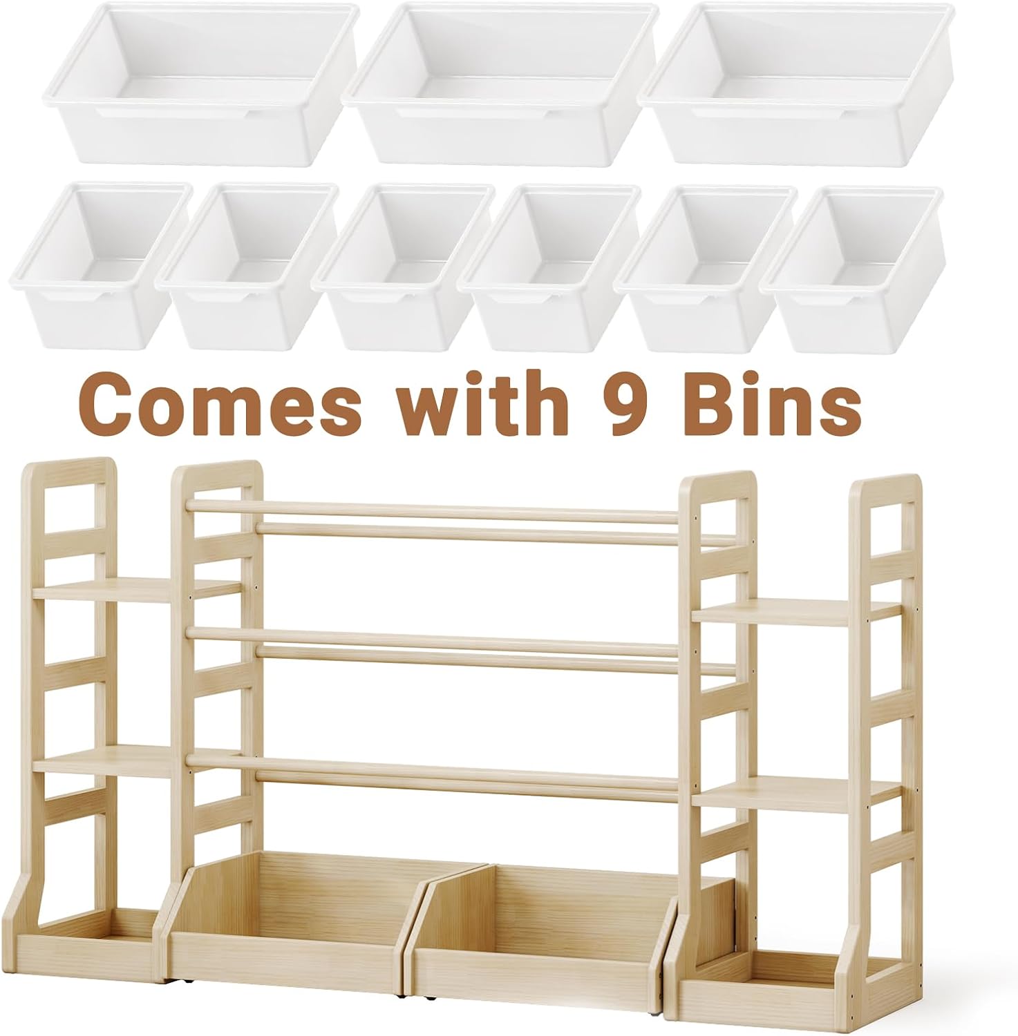 Toy Storage Organizer with Bookshelf, Kids Toys Shelf Box with 6 Shelves 9 Bins and 2 Movable Wheeled Drawers, Extended Base Designed Bookcase for Playroom Organization Kids Room Nursery Bedroom Decor